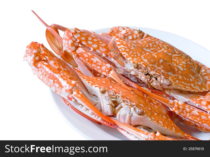 Steamed crab in dish on white background. Steamed crab in dish on white background