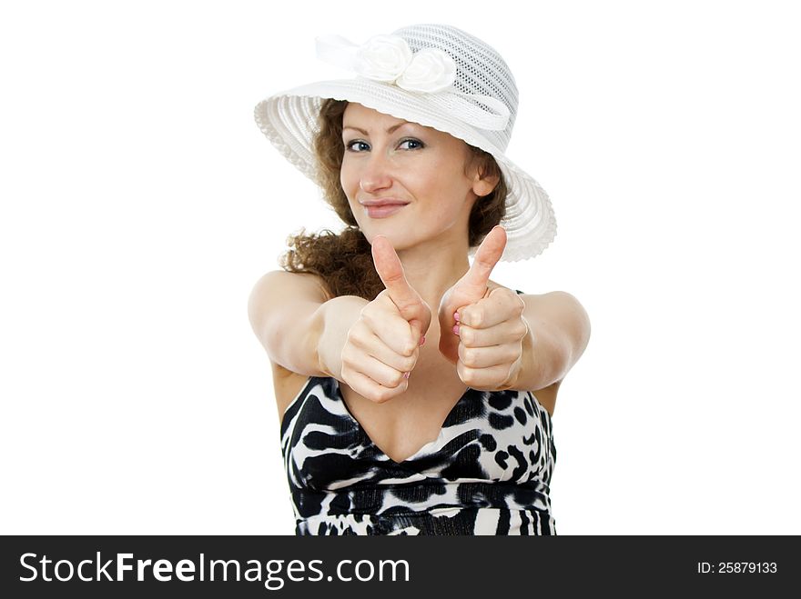 Girl in the hat indicates the sign of ok. Girl in the hat indicates the sign of ok