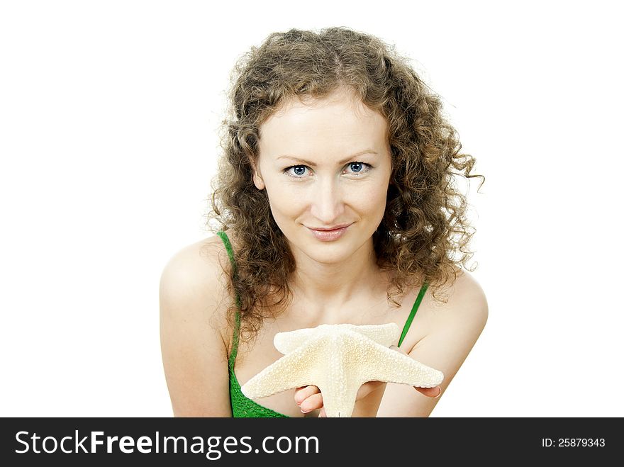 Happy girl with the starfish isolated