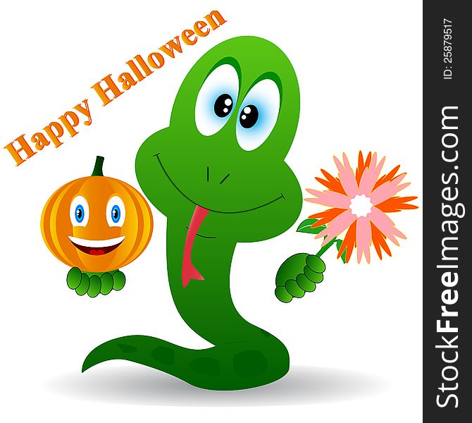 Snake with flower and pumpkin in a hands. Snake with flower and pumpkin in a hands