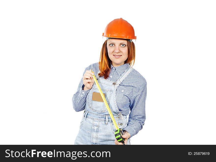 Construction girl with a tape measure isolated