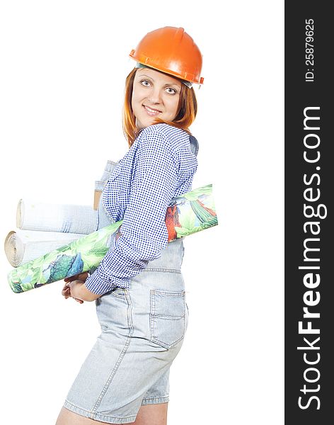 Girl wallpaper builder and helmet isolated. Girl wallpaper builder and helmet isolated