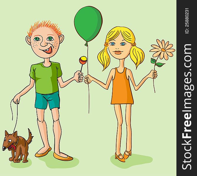 Boy with a dog, a girl with a flower. Vector illustration.