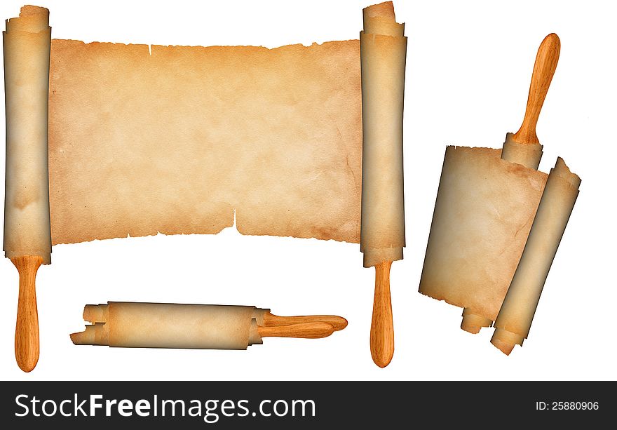 Antique scroll of parchment on a white background. Antique scroll of parchment on a white background.