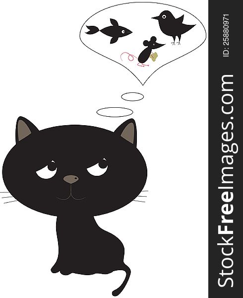 Funny black cat with dreams about mouse,fish and bird. Funny black cat with dreams about mouse,fish and bird