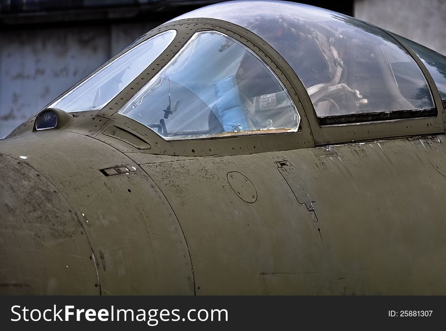 Old air fighter cabin close-up. Probably MiG 17. Old air fighter cabin close-up. Probably MiG 17