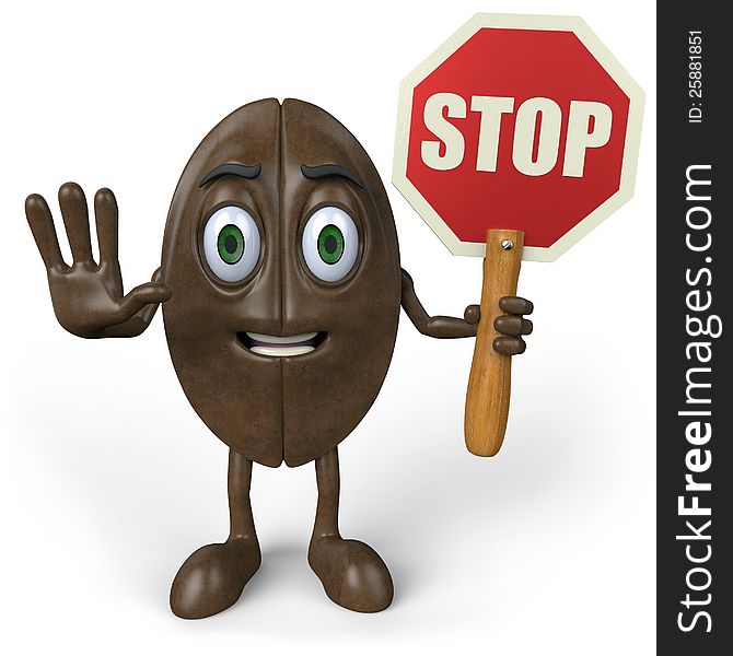 3d illustration of a cartoon coffee bean with his arm out and holding a stop sign. 3d illustration of a cartoon coffee bean with his arm out and holding a stop sign.