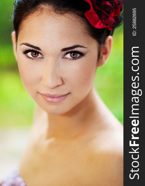 A close up portrait of a brunette beautiful girl. A close up portrait of a brunette beautiful girl