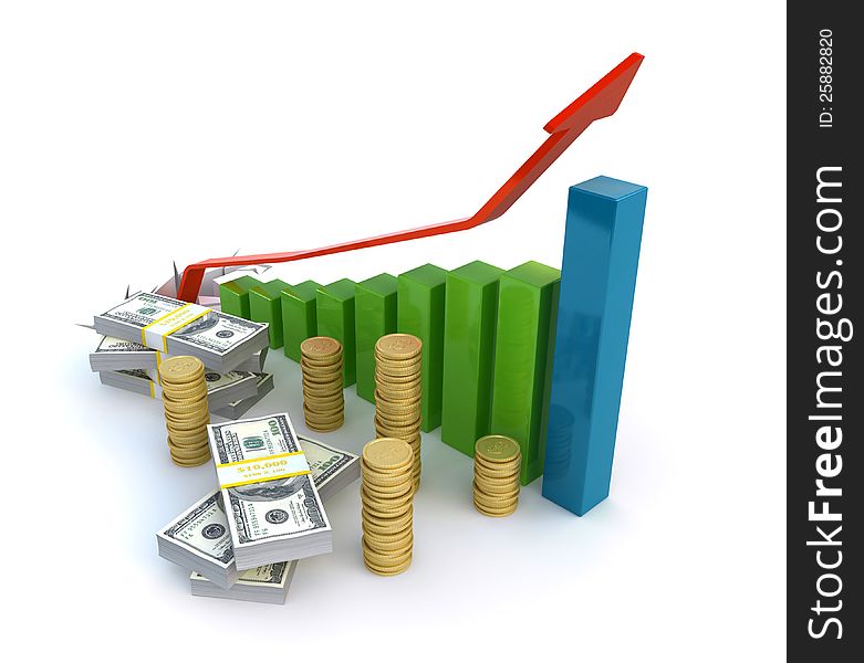 Business graph with money on the white background (3d render). Business graph with money on the white background (3d render)