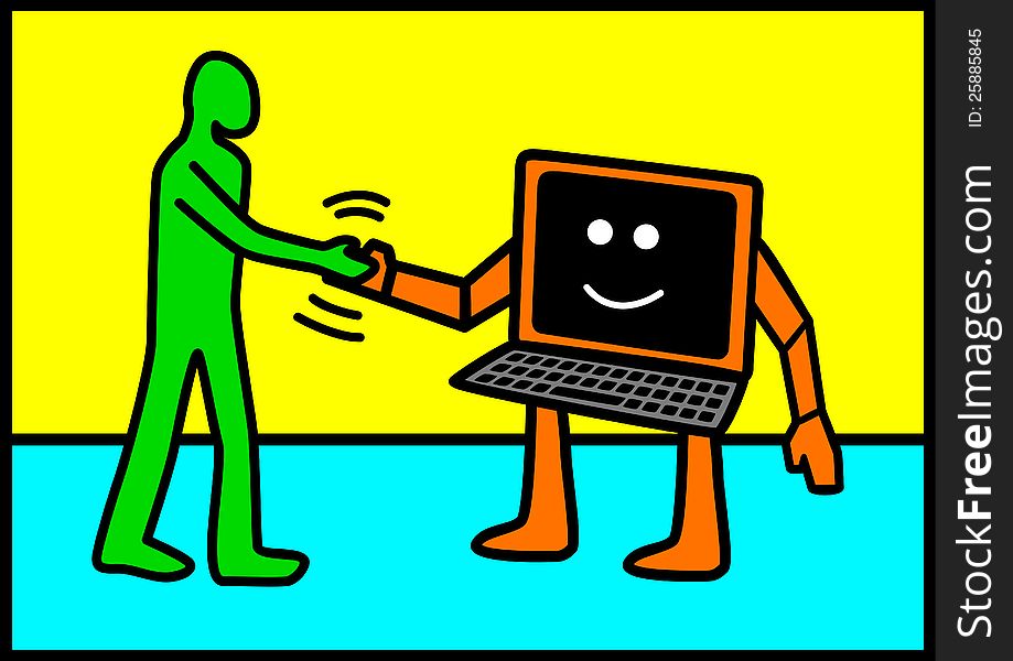Line art illustration of a human figure shaking hand with computer. Line art illustration of a human figure shaking hand with computer