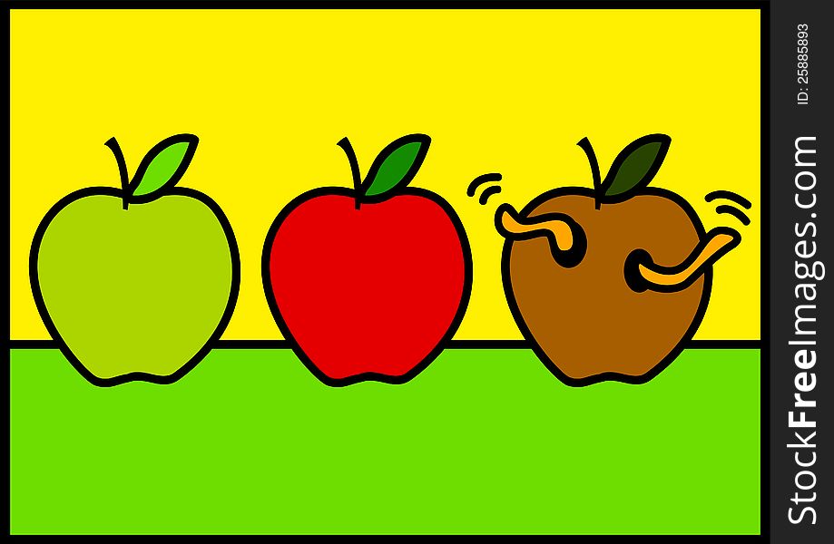 Line art illustration of three apples with different stages of ripeness
