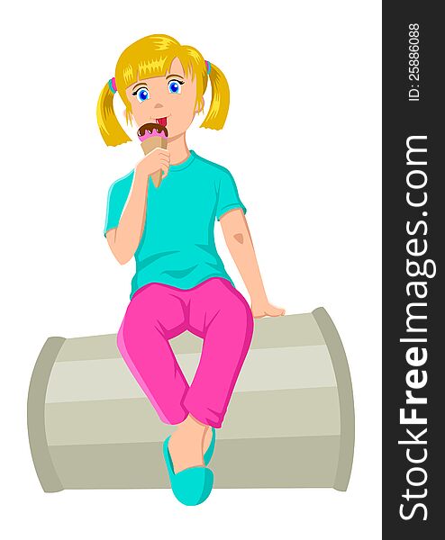 Cartoon illustration of a little girl licking an ice cream. Cartoon illustration of a little girl licking an ice cream