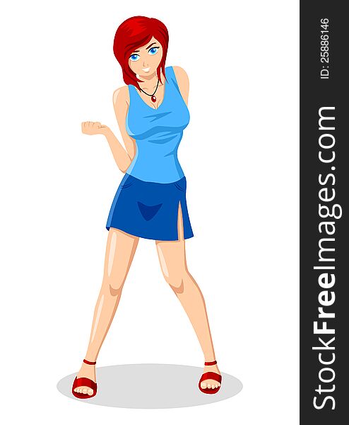 Cartoon illustration of a girl in blue tank top shirt