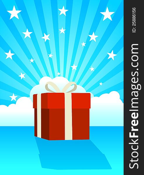 Illustration of a gift box on clouds and stars background