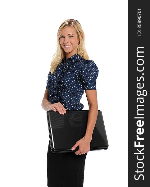 Young Businesswoman holding a laptop computer on a white background