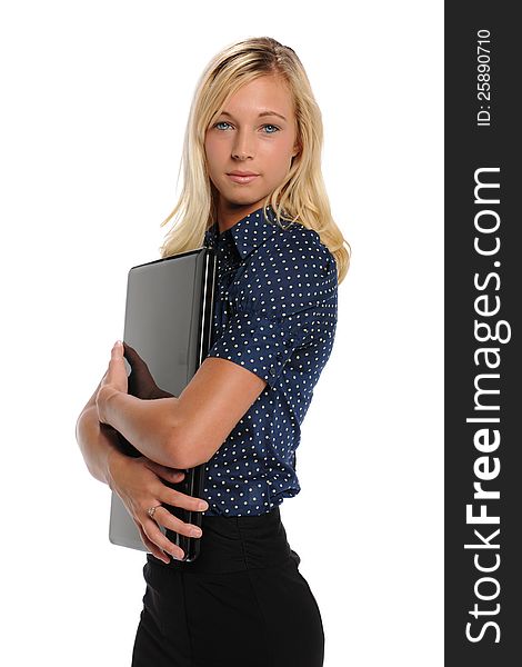 Young blond Businesswoman with laptop computer isolated on a white background