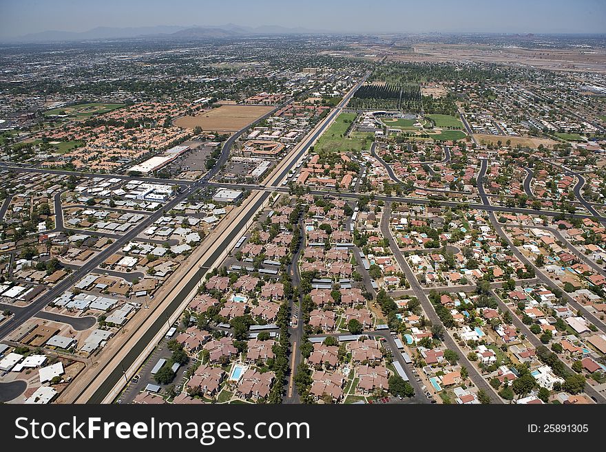 Aerial view of rooftops and amenities in northwest Mesa, Arizona. Aerial view of rooftops and amenities in northwest Mesa, Arizona