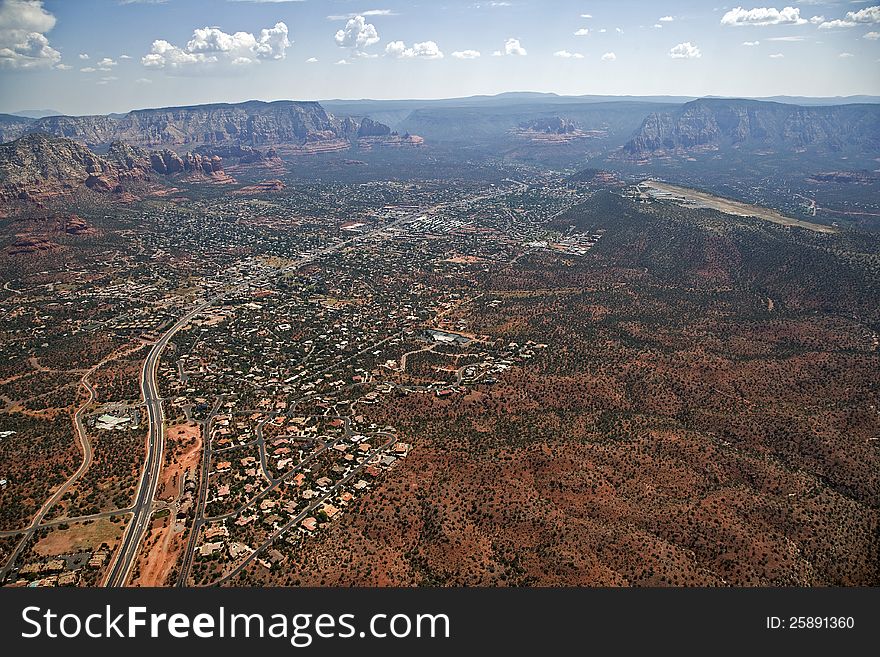 Breath taking aerial view of highway 89a and scintillating Sedona, Arizona. Breath taking aerial view of highway 89a and scintillating Sedona, Arizona