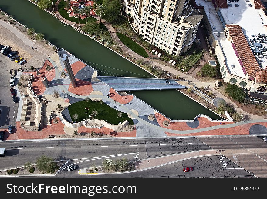 The Solari Pedestrian Bridge over canal in Scottsdale from above. The Solari Pedestrian Bridge over canal in Scottsdale from above