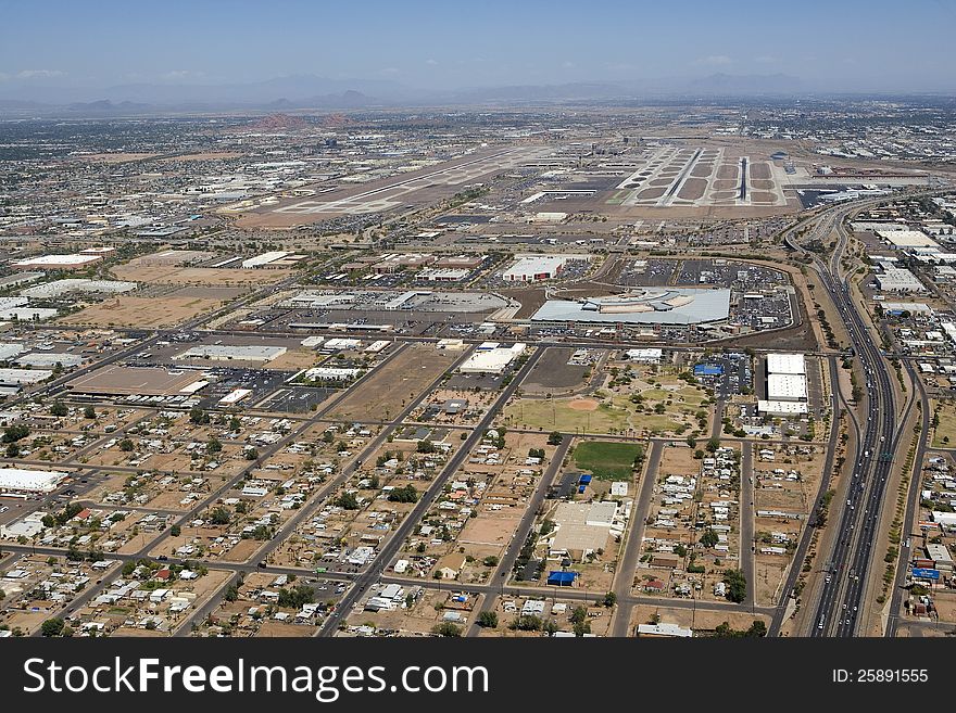 Aerial view of Sky Harbor International Airport and the Maricopa Freeway in Phoenix, Arizona. Aerial view of Sky Harbor International Airport and the Maricopa Freeway in Phoenix, Arizona