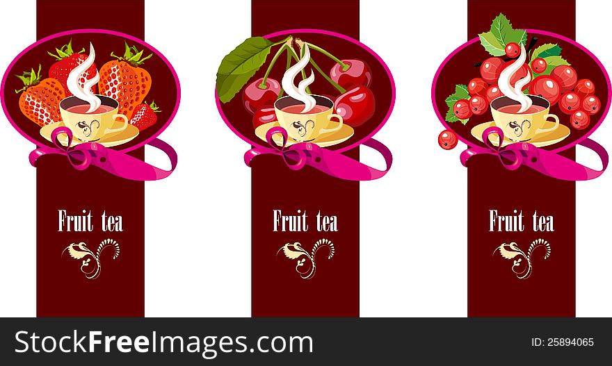 a set of posters with different fruit and a cup of tea. a set of posters with different fruit and a cup of tea
