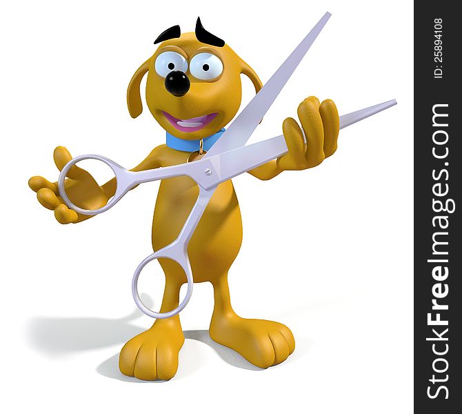 Cartoon dog holding a huge pair of scissors. Cartoon dog holding a huge pair of scissors.