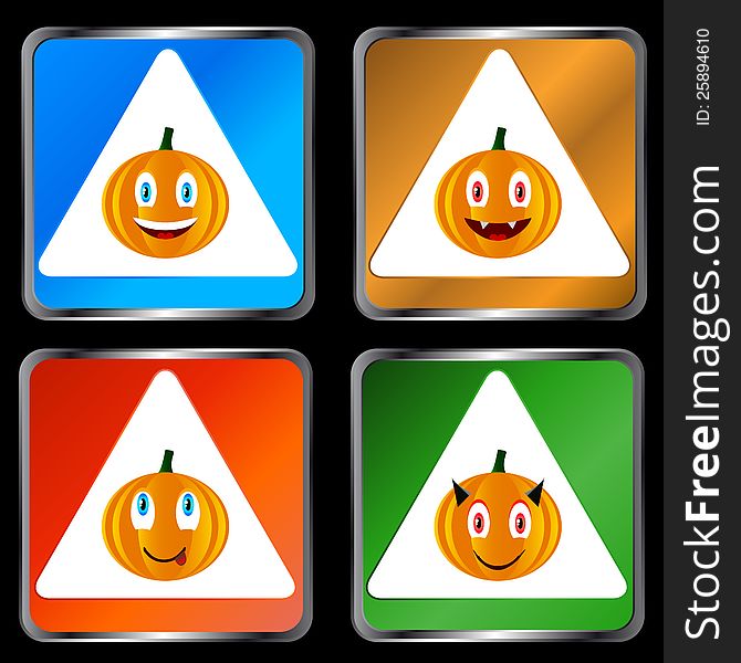 Four signs of pumpkins on a black background