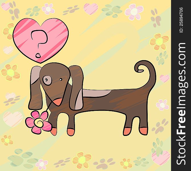 Greeting card with sketchy brown dog and pink heart. Greeting card with sketchy brown dog and pink heart