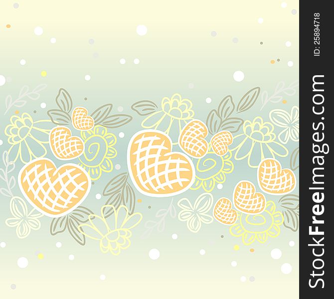 Floral background with hearts and dots in pale colors. Floral background with hearts and dots in pale colors