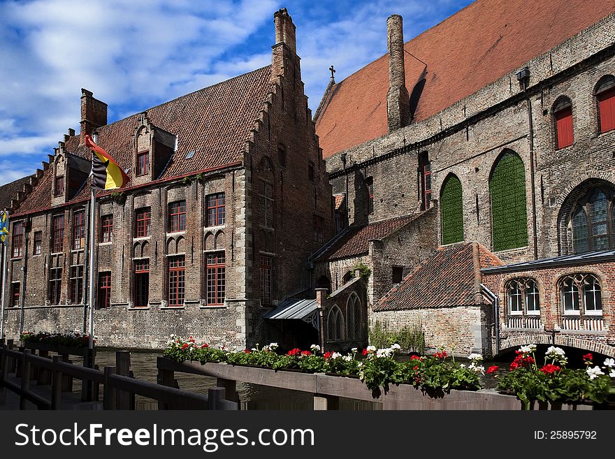 Old houses along a waterway in Brugge Belgium. Old houses along a waterway in Brugge Belgium