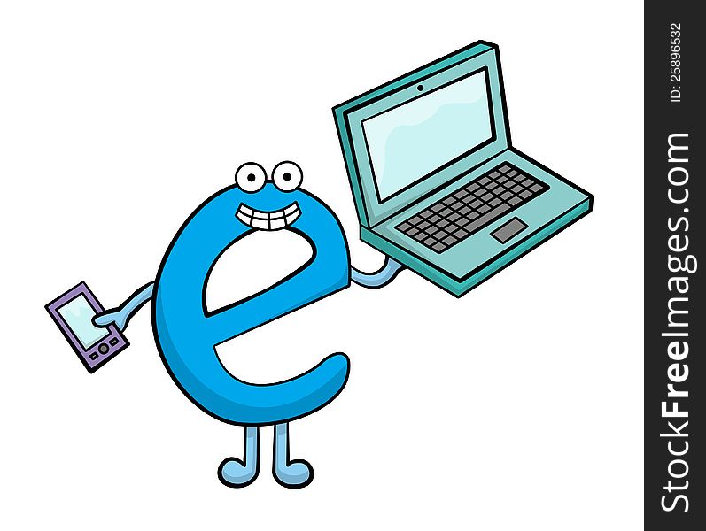 A blue cartoon letter e with face holding a phone and laptop while smiling. A blue cartoon letter e with face holding a phone and laptop while smiling