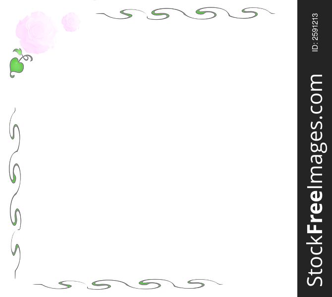 Pink rose and vines  border on blank note  paper. Pink rose and vines  border on blank note  paper