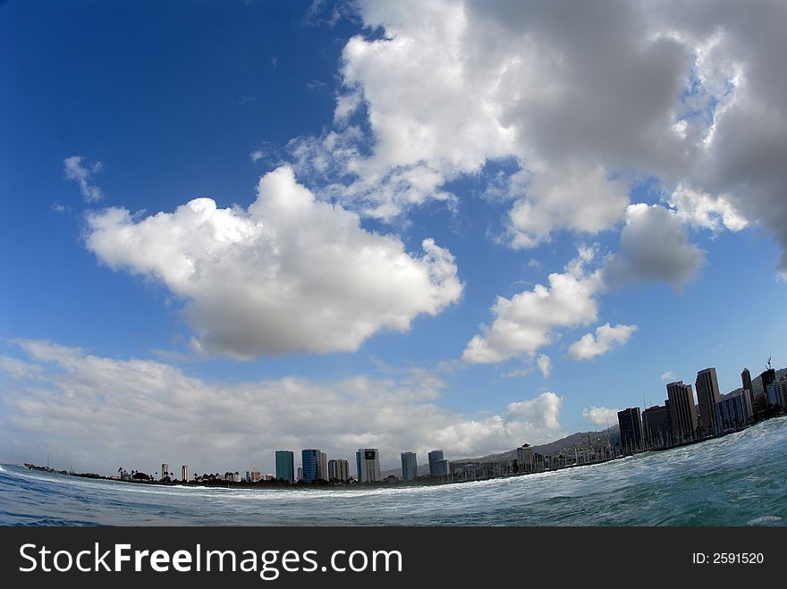 A view of Honolulu, Hawaii from the ocean. A view of Honolulu, Hawaii from the ocean