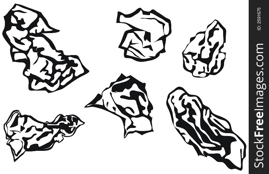 Six black waste paper balls illustration