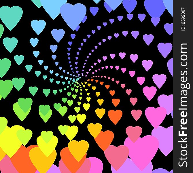 Rainbow hearts on black background