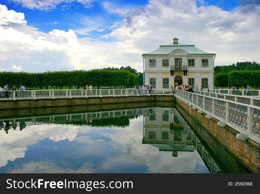 Landscape with palace, sky, clouds and its reflection. Landscape with palace, sky, clouds and its reflection