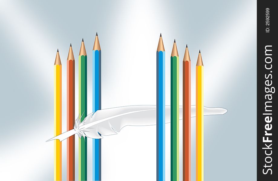 Color Pencil with gray ground and quill. Color Pencil with gray ground and quill