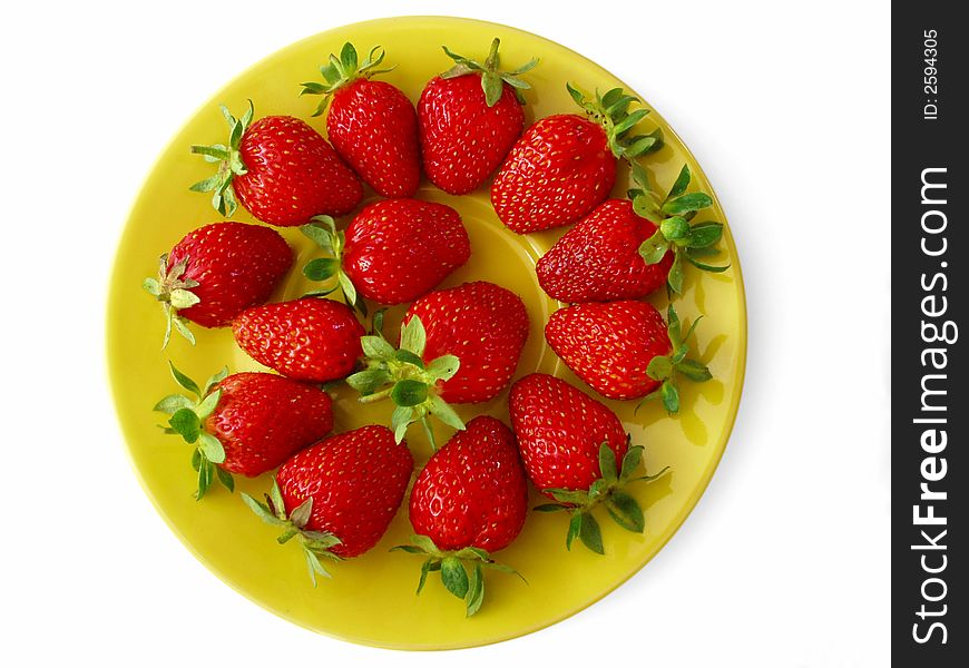 Fresh Strawberries on Yellow Plate Isolated on White Background