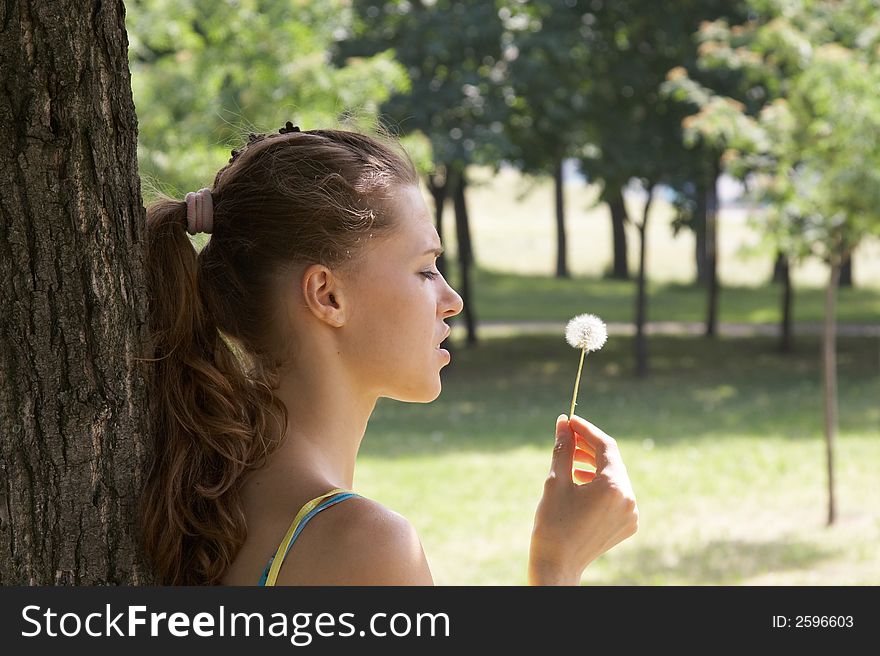 The girl and a dandelion. The girl and a dandelion