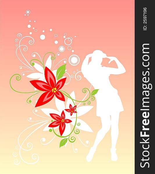 White female silhouette with red flowers on a pink background. White female silhouette with red flowers on a pink background.