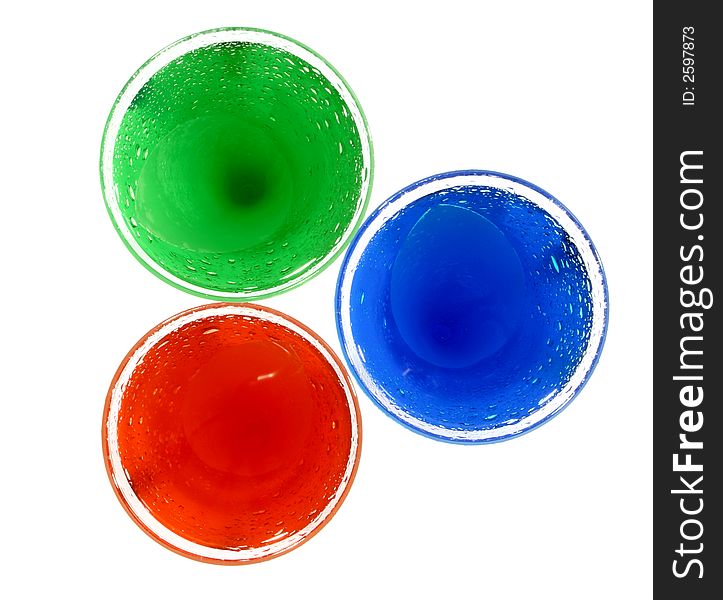 Top view at red green blue circles made of drink glass. Top view at red green blue circles made of drink glass