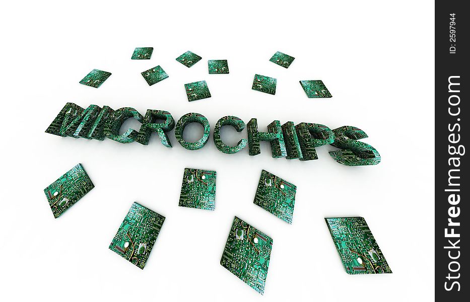 A conceptual image of a the word microchips made out of microchips. A conceptual image of a the word microchips made out of microchips.