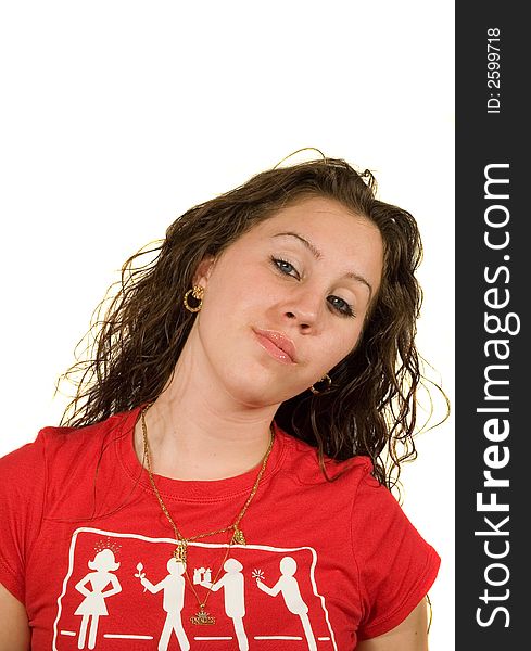 Teenage Caucasian girl in red shirt isolated over white