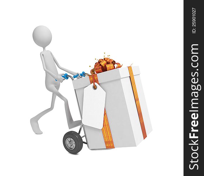 3d Human Moving the Gift Box with Label and Ribbon Bow on Hand Truck.