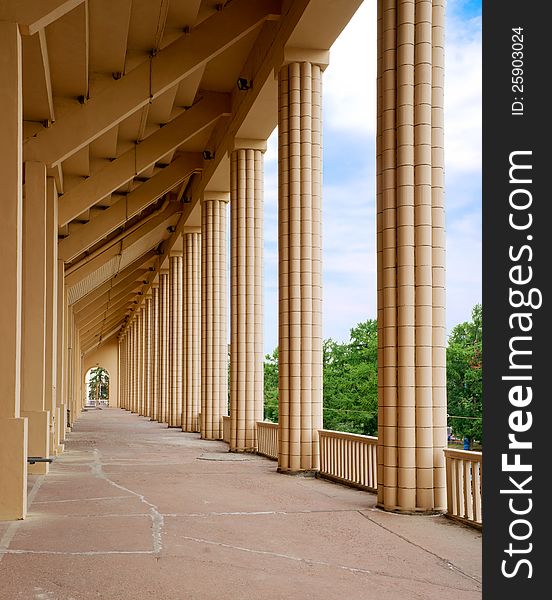 Pass under the stands of the swimming pool in the Luzhniki Stadium in Moscow, Russia. The old Soviet style.