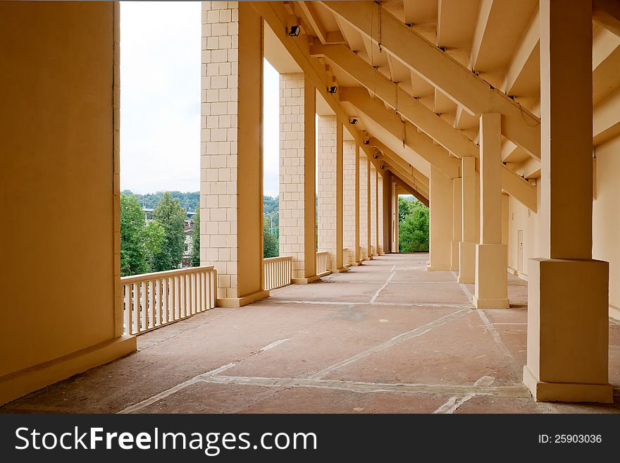 Pass under the stands of the swimming pool in the Luzhniki Stadium in Moscow, Russia. The old Soviet style.