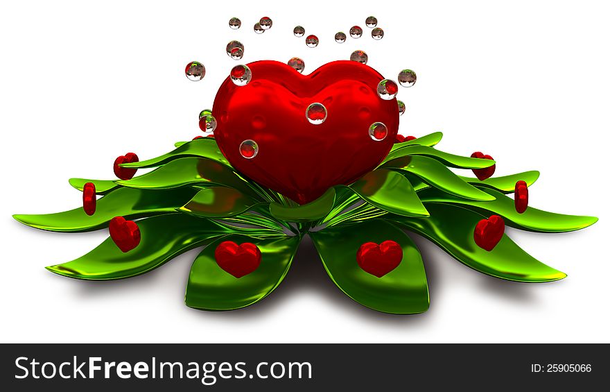 Set of hearts in leaves with water drops as symbol of love. Set of hearts in leaves with water drops as symbol of love