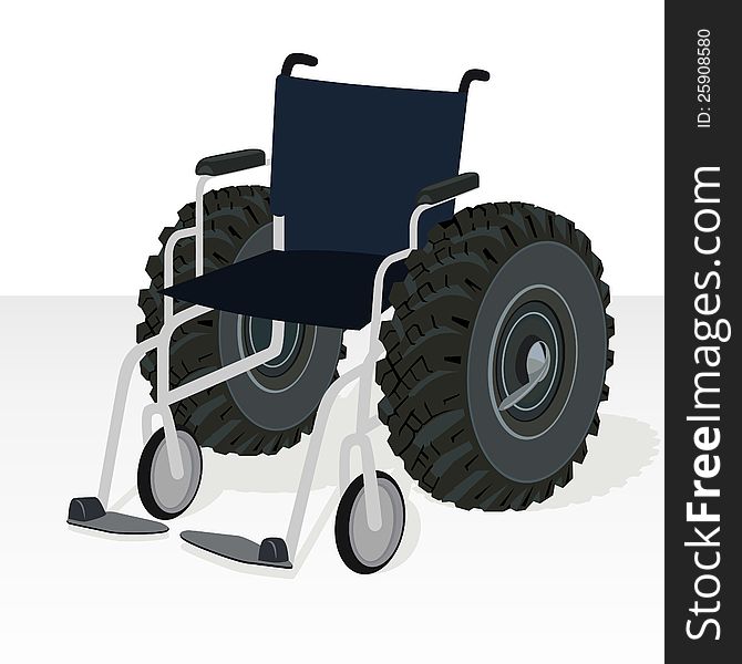 Wheelchair with the wheels of the tractor wheel. Comic illustration. Black and white illustration. Wheelchair with the wheels of the tractor wheel. Comic illustration. Black and white illustration.