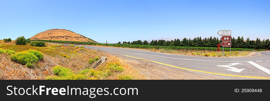 Crossroad in rural landscape among vineyards. Golan heights,Israel. Crossroad in rural landscape among vineyards. Golan heights,Israel