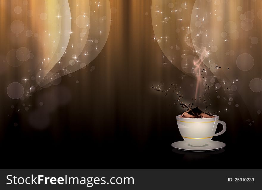 Illustration of splashing coffee and curtains background.